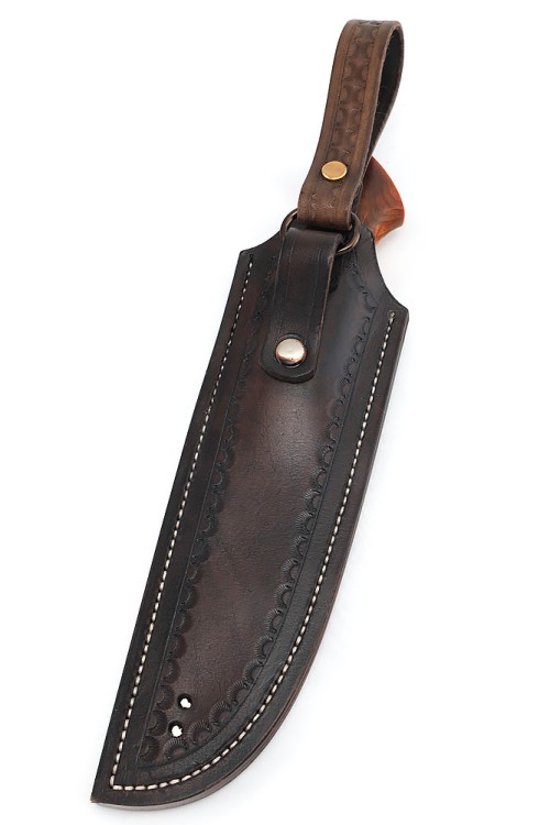 Нож Лесник сталь К340 рукоять мельхиор, карельская береза янтарная, формованные ножны  Нож Лесник сталь К340 рукоять мельхиор, карельская береза янтарная, формованные ножны