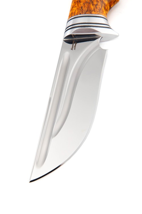 Нож Гепард сталь кованая Х12МФ долы, рукоять карельская береза янтарная 