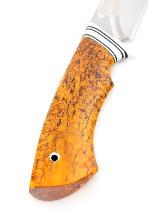 Нож Гепард сталь кованая Х12МФ долы, рукоять карельская береза янтарная 