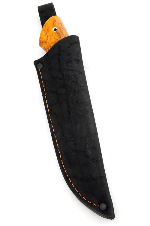 Нож Гепард сталь кованая Х12МФ долы, рукоять карельская береза янтарная 