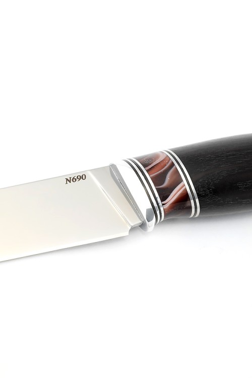 Нож Путник сталь N690 рукоять вставка акрил коричневый, черный граб, ФОРМОВАННЫЕ НОЖНЫ 