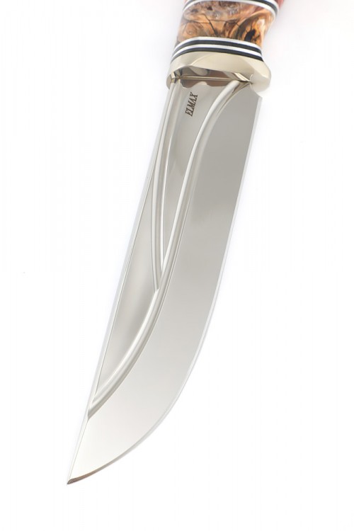 Нож Бекас сталь Elmax, фигурные долы, рукоять вставка зуб мамонта, кап клена красный  Нож Бекас сталь Elmax, фигурные долы, рукоять вставка зуб мамонта, кап клена красный