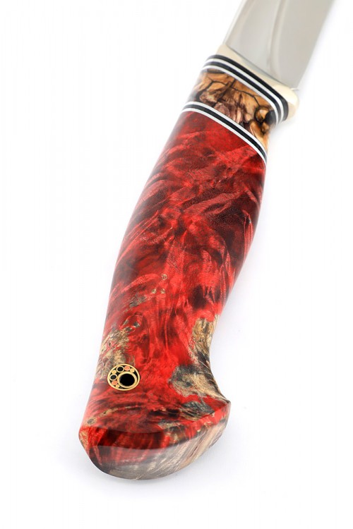 Нож Бекас сталь Elmax, фигурные долы, рукоять вставка зуб мамонта, кап клена красный  Нож Бекас сталь Elmax, фигурные долы, рукоять вставка зуб мамонта, кап клена красный