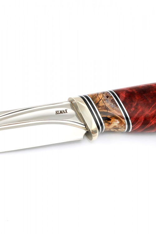 Нож Бекас сталь Elmax, фигурные долы, рукоять вставка зуб мамонта, кап клена красный  Нож Бекас сталь Elmax, фигурные долы, рукоять вставка зуб мамонта, кап клена красный