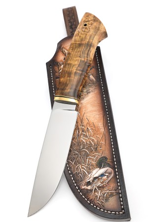 Нож Лесник сталь К340 рукоять мельхиор, карельская береза коричневая, формованные ножны