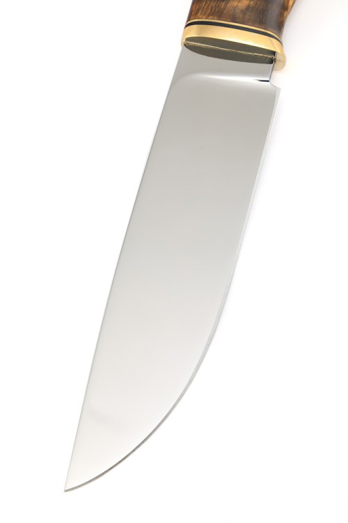 Нож Лесник сталь К340 рукоять мельхиор, карельская береза коричневая, формованные ножны  Нож Лесник сталь К340 рукоять мельхиор, карельская береза коричневая, формованные ножны