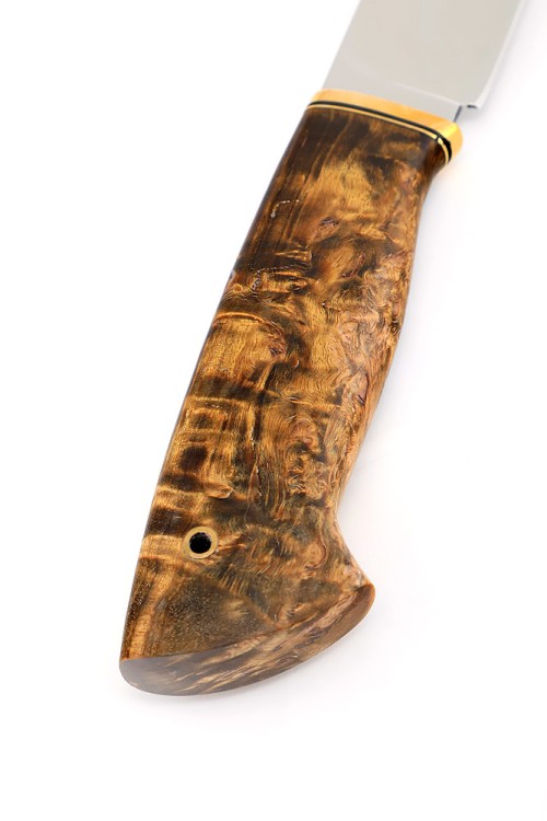 Нож Лесник сталь К340 рукоять мельхиор, карельская береза коричневая, формованные ножны  Нож Лесник сталь К340 рукоять мельхиор, карельская береза коричневая, формованные ножны