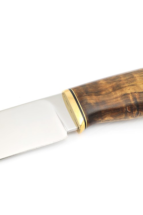 Нож Лесник сталь К340 рукоять мельхиор, карельская береза коричневая, формованные ножны  Нож Лесник сталь К340 рукоять мельхиор, карельская береза коричневая, формованные ножны