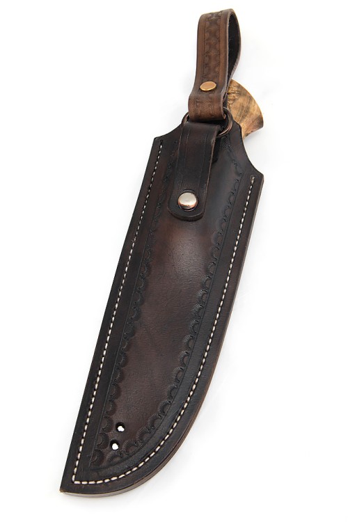 Нож Лесник сталь К340 рукоять мельхиор, карельская береза коричневая, формованные ножны  Нож Лесник сталь К340 рукоять мельхиор, карельская береза коричневая, формованные ножны