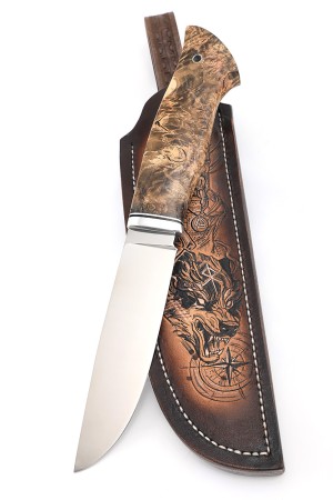 Нож Лесник сталь К340 рукоять кап клена коричневый, формованные ножны