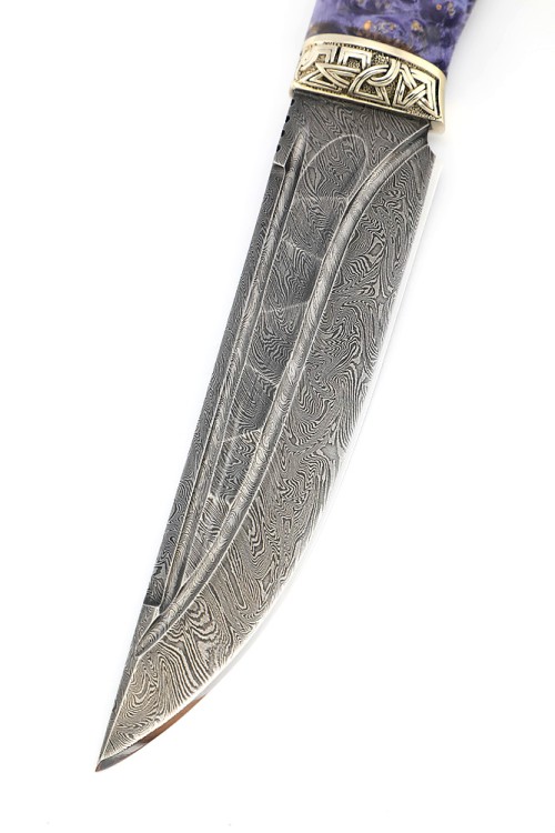 Нож Стрела дамаск долы-камень рукоять мельхиор, кап клена сиреневый 