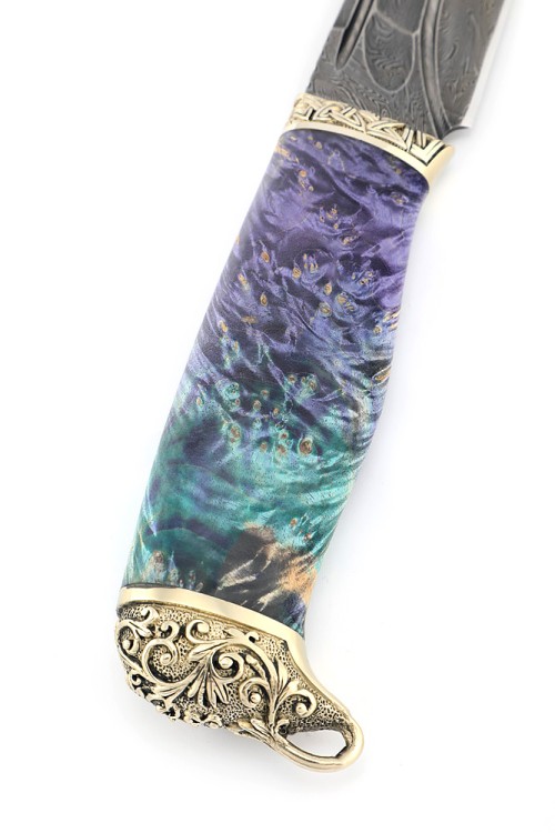 Нож Стрела дамаск долы-камень рукоять мельхиор, кап клена сиреневый 