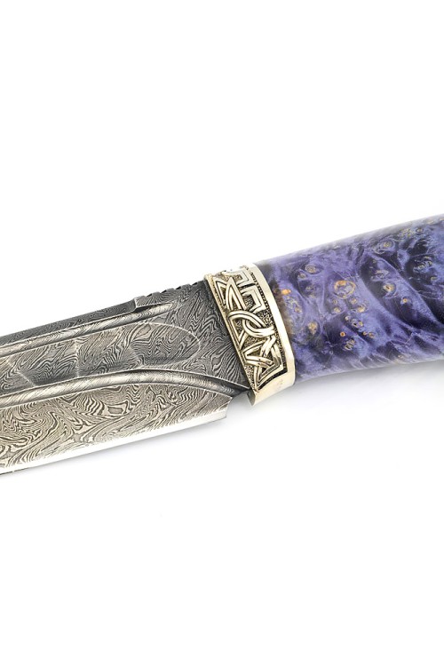 Нож Стрела дамаск долы-камень рукоять мельхиор, кап клена сиреневый 