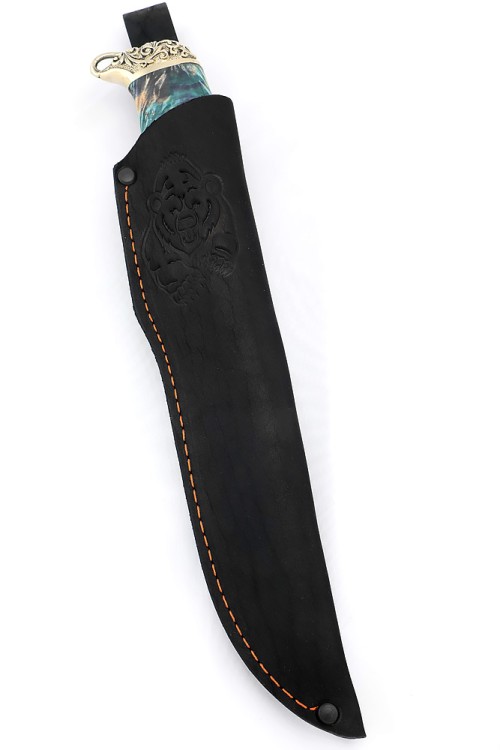 Нож Стрела дамаск долы-камень рукоять мельхиор, кап клена сиреневый 