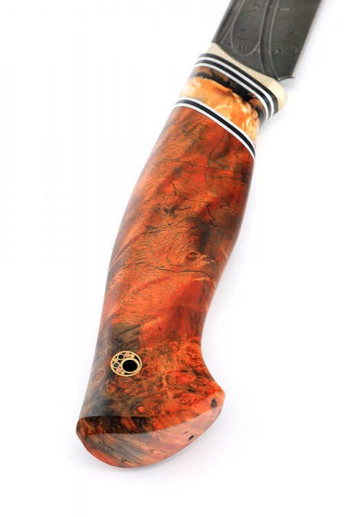 Нож Бекас сталь дамаск, фигурные долы, рукоять вставка зуб мамонта, кап клена оранжевый 
