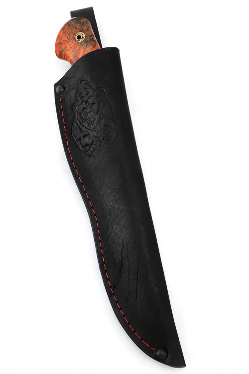 Нож Бекас сталь дамаск, фигурные долы, рукоять вставка зуб мамонта, кап клена оранжевый 