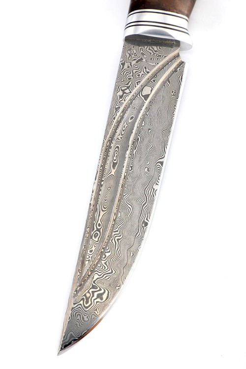 Нож Разделочный сталь дамаск нержавеющий, фигурные долы, рукоять кап клена коричневый 