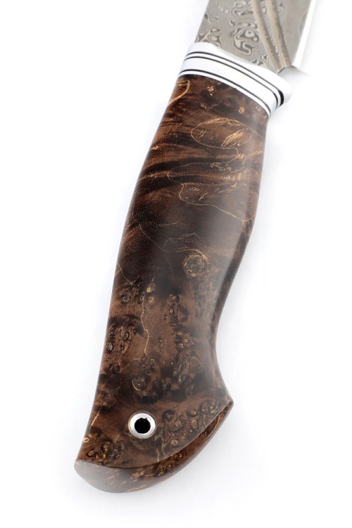 Нож Разделочный сталь дамаск нержавеющий, фигурные долы, рукоять кап клена коричневый 