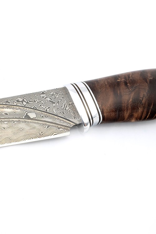 Нож Разделочный сталь дамаск нержавеющий, фигурные долы, рукоять кап клена коричневый 