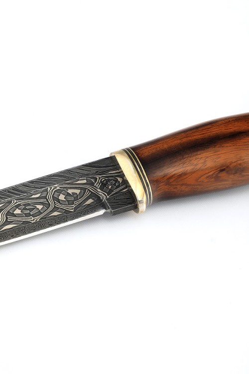 Нож Гарпун сталь дамаск торцевой, рукоять нейзельбер, железное дерево, ФОРМОВАННЫЕ НОЖНЫ 