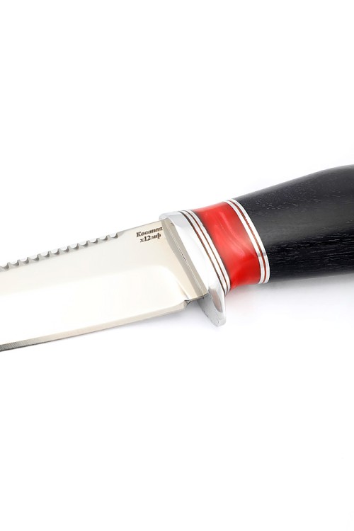 Нож Белуга сталь кованая Х12МФ рукоять вставка акрил красный, черный граб 