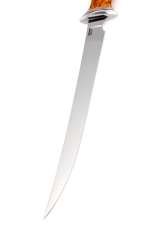 Нож Филейный большой (узкий) сталь кованая 95Х18 рукоять карельская береза янтарная 