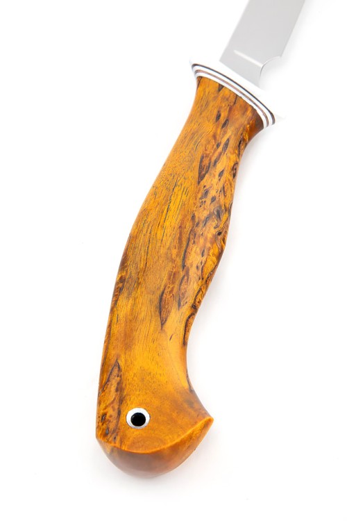 Нож Филейный большой (узкий) сталь кованая 95Х18 рукоять карельская береза янтарная 