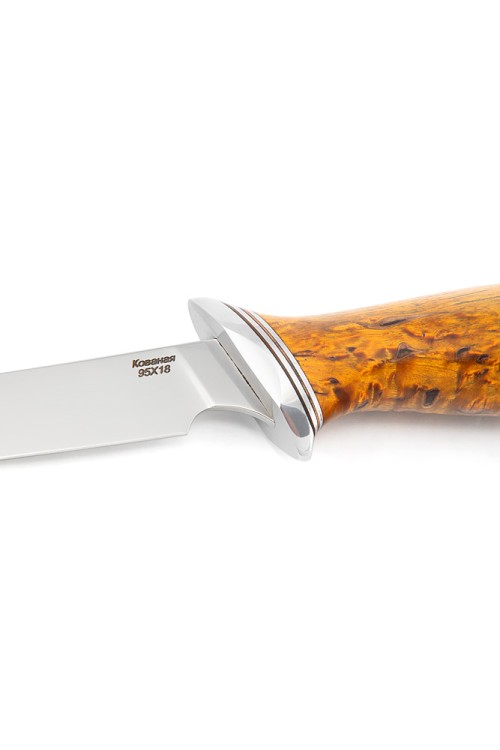 Нож Филейный большой (узкий) сталь кованая 95Х18 рукоять карельская береза янтарная 