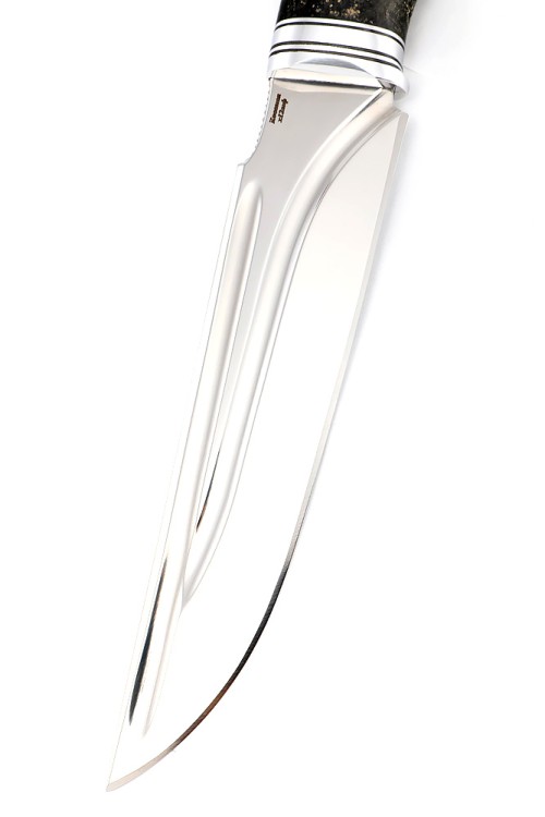 Нож Бурлак сталь кованая Х12МФ долы, рукоять гибрид: акрил зеленый; кап клена черный 