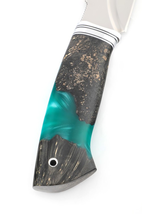 Нож Бурлак сталь кованая Х12МФ долы, рукоять гибрид: акрил зеленый; кап клена черный 