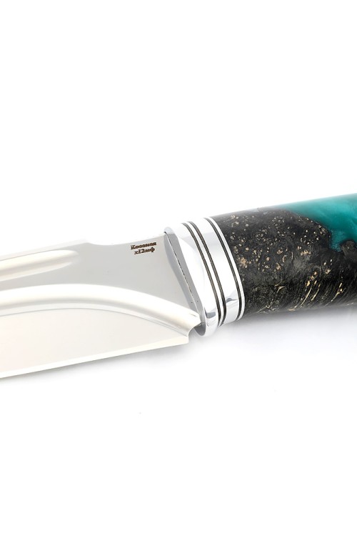 Нож Бурлак сталь кованая Х12МФ долы, рукоять гибрид: акрил зеленый; кап клена черный 