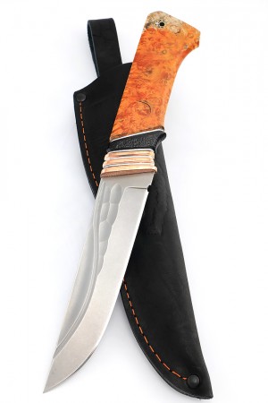 Нож Гризли сталь К340, фигурные долы, бронза черный граб кап клена оранжевый