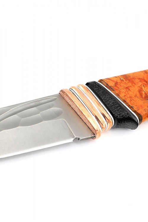 Нож Гризли сталь К340, фигурные долы, бронза черный граб кап клена оранжевый 