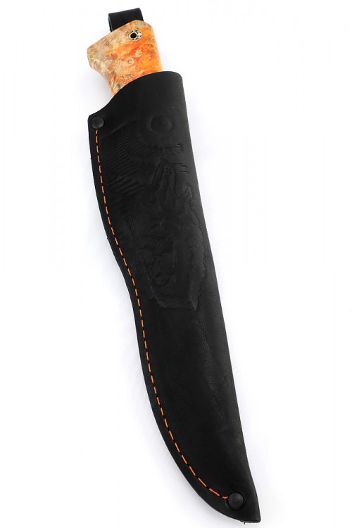 Нож Гризли сталь К340, фигурные долы, бронза черный граб кап клена оранжевый 