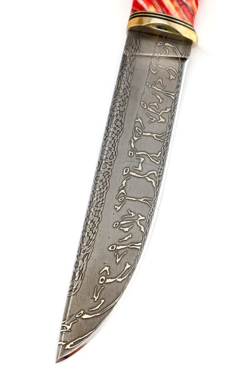 Эксклюзивный нож Стрела (сложный авторский дамаск с никелем, больстер серебро, вставка зуб мамонта, железное дерево, ФОРМОВАННЫЕ НОЖНЫ 