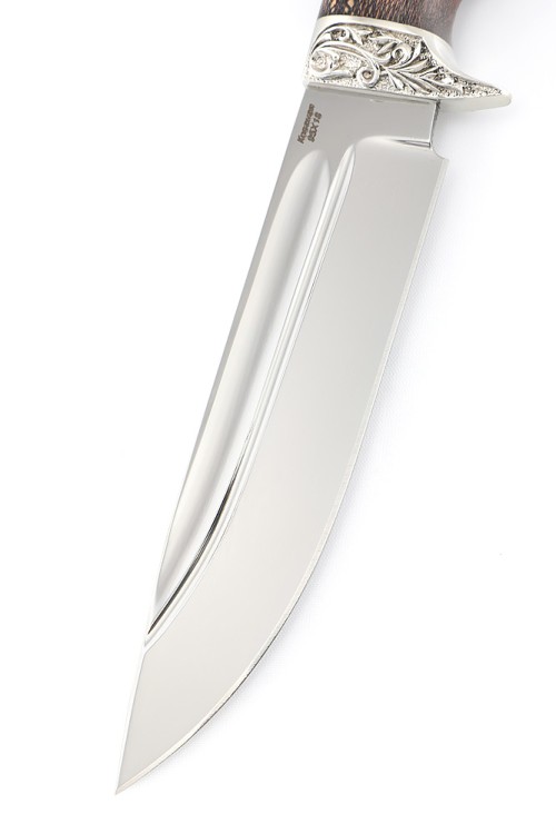 Нож Волк сталь кованая 95Х18, долы, рукоять мельхиор, платан 