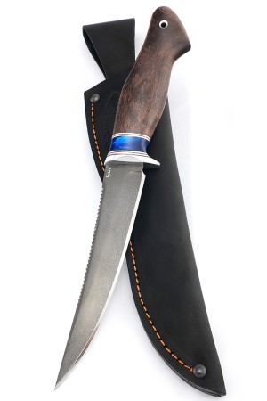 Нож Белуга сталь булат рукоять вставка акрил синий, карельская береза коричневая