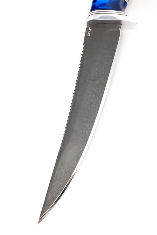 Нож Белуга сталь булат рукоять вставка акрил синий, карельская береза коричневая 