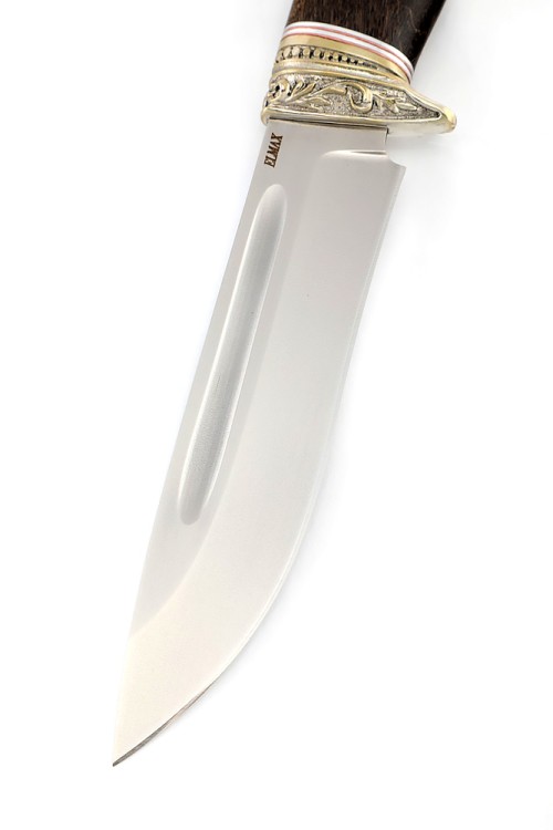 Нож Лось сталь Elmax рукоять мельхиор, карельская береза коричневая, ФОРМОВАННЫЕ НОЖНЫ 