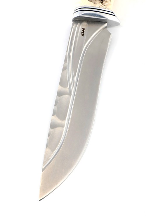 Нож Лось сталь К340 фигурные долы рукоять элфорин (скримшоу) кап клена зеленый ФОРМОВАННЫЕ НОЖНЫ 