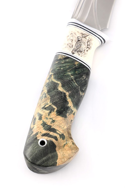 Нож Лось сталь К340 фигурные долы рукоять элфорин (скримшоу) кап клена зеленый ФОРМОВАННЫЕ НОЖНЫ 