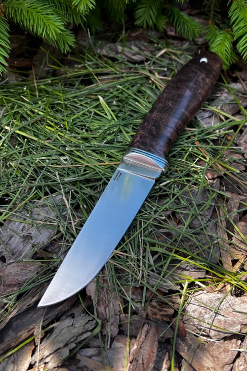 Нож Заяц сталь кованая х12мф рукоять стабилизированная карельская береза коричневая 