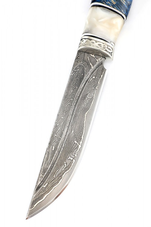 Нож Перун ламинат 9ХС дамаск рукоять мельхиор акрил белый кап клена синий 