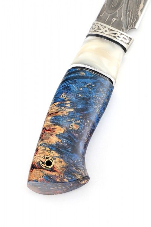 Нож Перун ламинат 9ХС дамаск рукоять мельхиор акрил белый кап клена синий 
