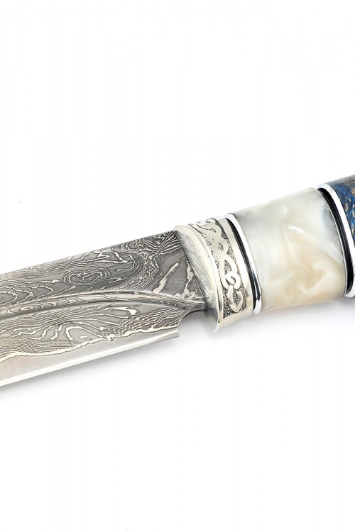 Нож Перун ламинат 9ХС дамаск рукоять мельхиор акрил белый кап клена синий 