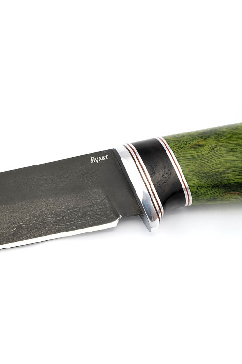 Нож Хантер сталь булат рукоять вставка черный граб, карельская береза зеленая 