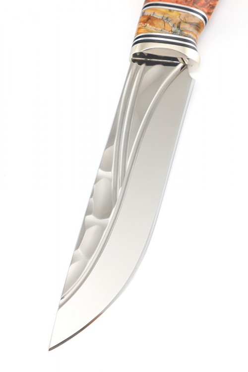 Нож Лось сталь Elmax фигурные долы рукоять мельхиор зуб мамонта кап клена оранжевый 