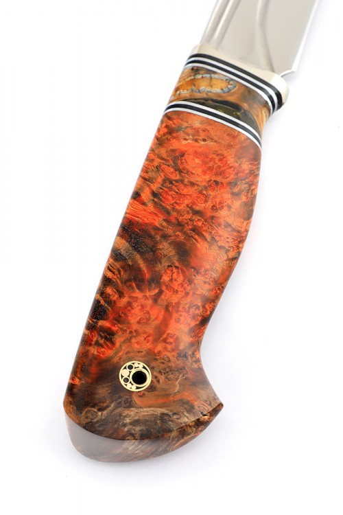 Нож Лось сталь Elmax фигурные долы рукоять мельхиор зуб мамонта кап клена оранжевый 