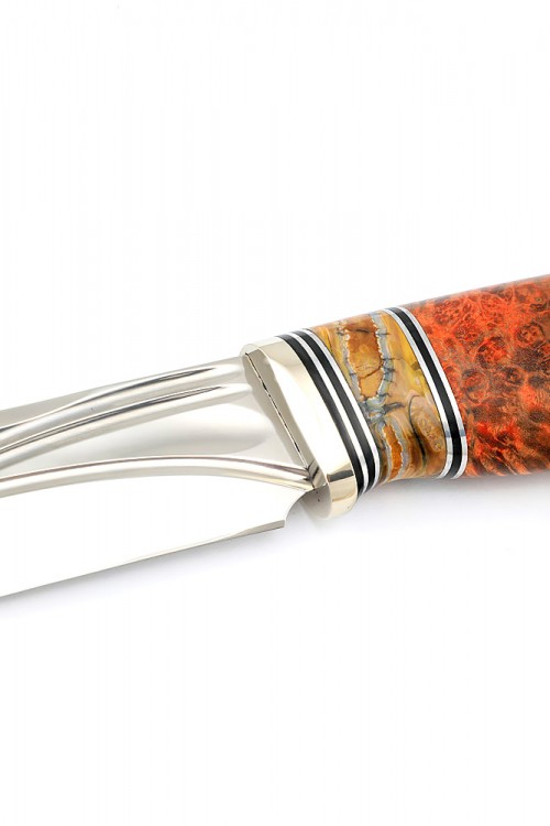 Нож Лось сталь Elmax фигурные долы рукоять мельхиор зуб мамонта кап клена оранжевый 