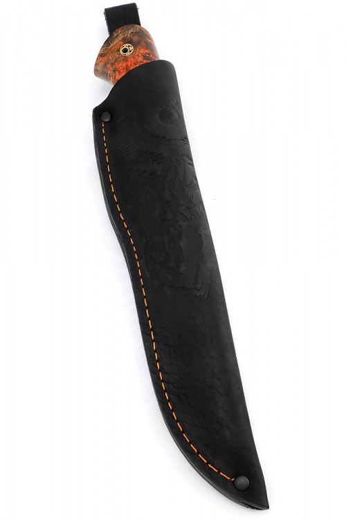 Нож Лось сталь Elmax фигурные долы рукоять мельхиор зуб мамонта кап клена оранжевый 